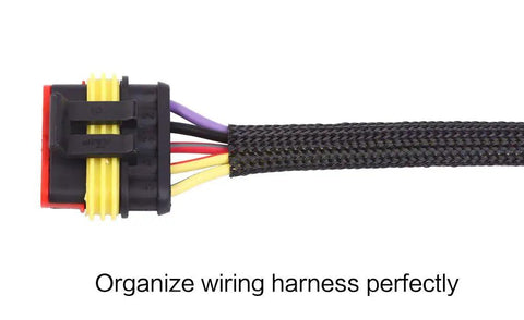 Close-up of 100 Ft 1/2 Inch PET Expandable Braided Cable Sleeve Black covering wiring harness
