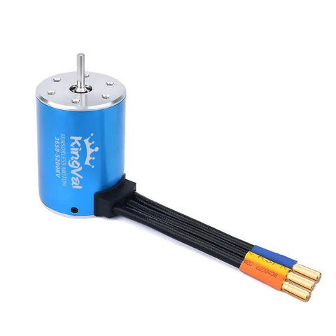 Beefy 3650 5200KV Sensorless Brushless Motor With 60A ESC And 3.175mm Shaft, in blue with visible wire connections.
