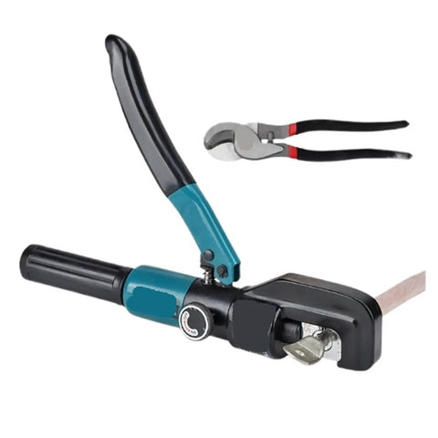 Premium Manual Hydraulic Crimping Tool With Solid Cast Iron Body And Eight Replaceable Dies For Various Wire Gauges Including 4 6 10 16 25 35 50 And 70 MM, with ergonomic handle.