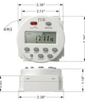 Programmable 12V Timer Switch With 16 Independent On Off Schedules, Timing Range From 1 Minute To 7 Days, front and side view with dimensions.
