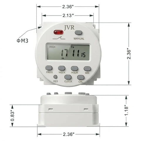 Programmable 12V Timer Switch With 16 Independent On Off Schedules, Timing Range From 1 Minute To 7 Days, front and side view with dimensions.