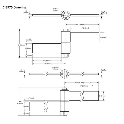 Heavy Duty 6 Inch Weld On Strap Gate Hinge Built Tough With Smooth Rolling Sealed Bearings technical drawing and dimensions