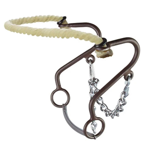 Rope Nose Little S Hackamore With Carbon Steel Shanks In Antique Brown Finish Waxed Nylon Rope Noseband Six Inch Cheeks