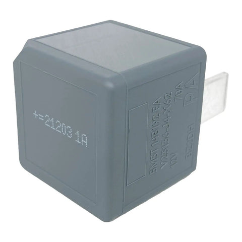 Close-up of 2-Pack 70A 12V DC Relay for Heavy Duty Cooling Fans and Electrical Systems, 4-Pin SPST Replacement, grey housing