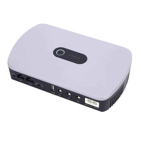Heavy Duty 10400mAh UPS Battery Backup For Router Modem And Security Cameras Solid Plug And Play Surge Protector from an above angle.