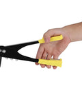 Hand using Lightweight Manual Riveter Kit With Blind Rivet Tool For Gutter Repair, HVAC, Auto Trim And Sheet Metal Fastening.