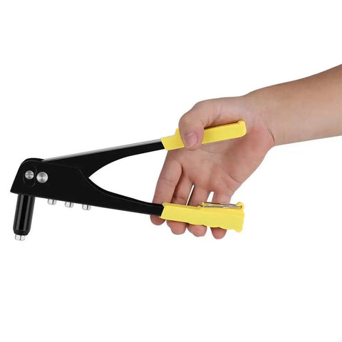 Hand using Lightweight Manual Riveter Kit With Blind Rivet Tool For Gutter Repair, HVAC, Auto Trim And Sheet Metal Fastening.