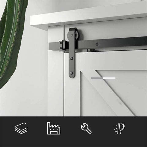 Rugged Steel Sliding Barn Door Hardware Kit With Track And Rollers Rust Resistant And Smooth Guide Rail System Full Accessories Pack For Heavy Single Doors 1.22m Length installed view