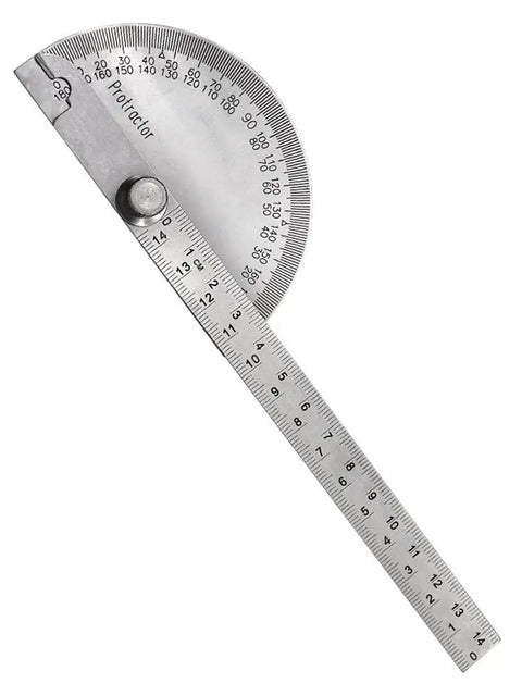 Top Tier Stainless Steel Angle Protractor Packing Killer Precision 0 To 180 Degree Readings For Woodworking Builds And Machinist Jobs With Laser Crisp Scale Markings, stainless steel protractor showing clear angle scale.