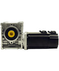 Side view of 23-stepper motor with worm reducer; silver gearbox, black motor housing, yellow output shaft.