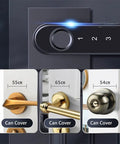 Smart App Synced Lever Handle Lock With Fingerprint Swipe And Custom Password Backup For Porch Security Wireless Entry Gear showing different door handle sizes.