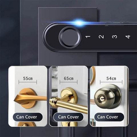 Smart App Synced Lever Handle Lock With Fingerprint Swipe And Custom Password Backup For Porch Security Wireless Entry Gear showing different door handle sizes.