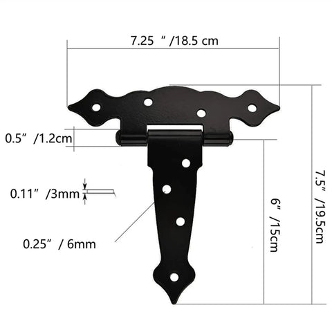 Four Piece Six Inch T Shaped Flower Hinge With Slotted Bearing dimensions shown with measurements and design details