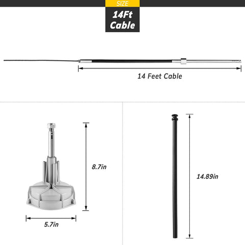 Diagram showing Pro Grade Boat Steering Kit With 14 Ft Steering Cable For Outboard Motors sizes and components.
