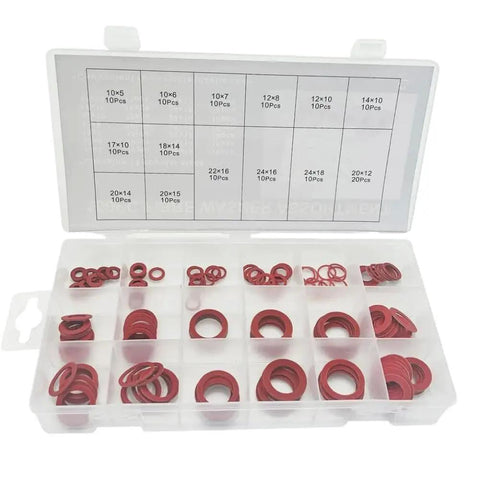 Insulated O Type Flat Washer Kit, 14 Sizes, 150 Pcs, Inner 5mm to 18mm, Outer 10mm to 24mm, Sealing Gaskets, Heavy Duty Hardware Set for Auto, Plumbing, Machinery, and DIY Projects red washers in storage case