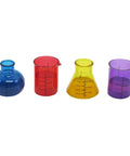 Beaker And Flask Shot Glass Set 4 Piece Plastic Lab Style Drinkware with colorful flasks and beakers for science party fun