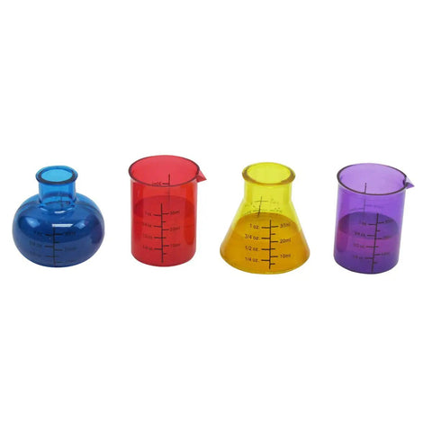 Beaker And Flask Shot Glass Set 4 Piece Plastic Lab Style Drinkware with colorful flasks and beakers for science party fun