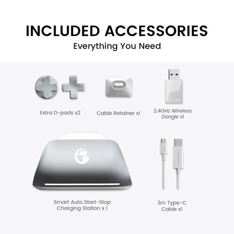 Accessories for Wired And Wireless Xbox Controller For Series X S PC And Android with charging dock, D-pads, USB dongle.