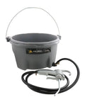 Beast Mode One Piece Pipe Threader And Heavy Duty Cutter With Complete Oil Setup and Smooth Rolling Transport Cart Built Damn Tough To Thread Half To Two Inch Pipe Daily, gray bucket with hose and handle.