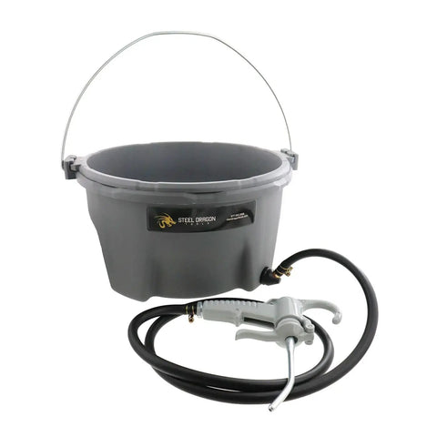 Beast Mode One Piece Pipe Threader And Heavy Duty Cutter With Complete Oil Setup and Smooth Rolling Transport Cart Built Damn Tough To Thread Half To Two Inch Pipe Daily, gray bucket with hose and handle.