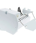 Ice Maker Kit For GE Refrigerators Complete Ice Maker Assembly With End Mounted Fill Cup Power Cords 4 And 6 Pin Connectors Tubing And Easy Install Guide Replaces WR30X10061 And WR30X0327 showing front angle of assembly.