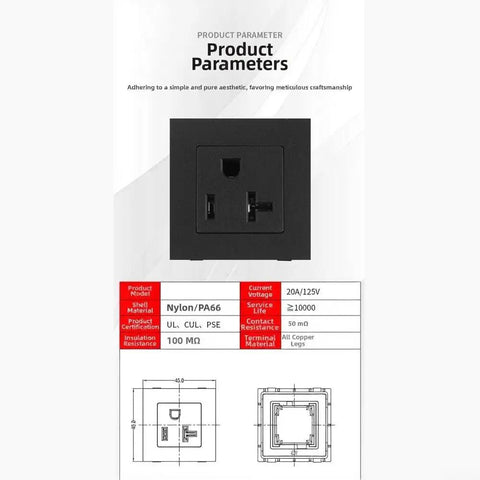 Tough As A Rock Heavy Duty 20 Amp 5 15R AC Electrical Power Socket, PA66 material, showing specifications and design.