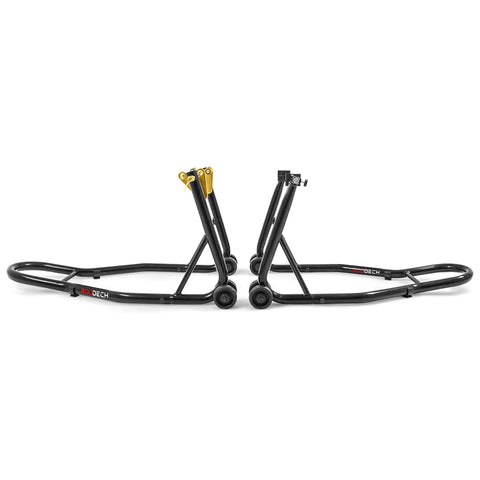 Heavy Duty Motorcycle Stand Lift 850lbs Front And Rear Combo with wheel base visible, built from stainless steel.