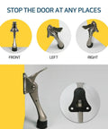 Heavy Duty Kickdown Door Stopper Set Of Four Built Tough Bottom Door Holders with adjustable rubber pads viewed from front, left, and right angles.