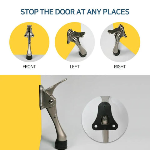 Heavy Duty Kickdown Door Stopper Set Of Four Built Tough Bottom Door Holders with adjustable rubber pads viewed from front, left, and right angles.