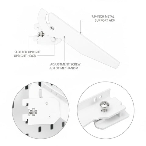 Diagram of Heavy Duty Metal Shelf Bracket For Slotted Upright Rails 7.9 Inch Length White Finish with adjustment mechanism.