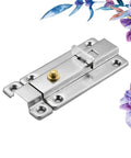 Stainless Steel Automatic Spring Door Latch, Low Profile Safety Lock in silver, showcasing detailed bolt design and screw holes.