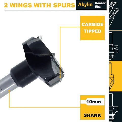 Close-up of Score This Pro Grade Three Piece Hinge Boring Tool Kit with 10mm hex shank and carbide tipped bit design.