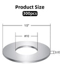 Heavy Duty 304 Stainless Steel Fender Washers Number 10 Size Three Hundred Pack shown with dimensions for bolting applications.