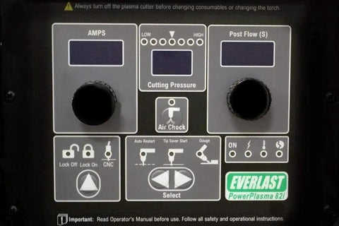 Control panel of Heavy Duty 80 Amp CNC Plasma Cutter with PTM machine torch and blowback ignition for painted or rusted metals.