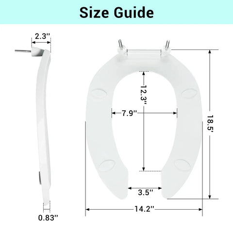 Size guide for Heavy Duty Commercial Open Front Toilet Seat Built Tough For The Public Restroom Grind, dimensions shown.