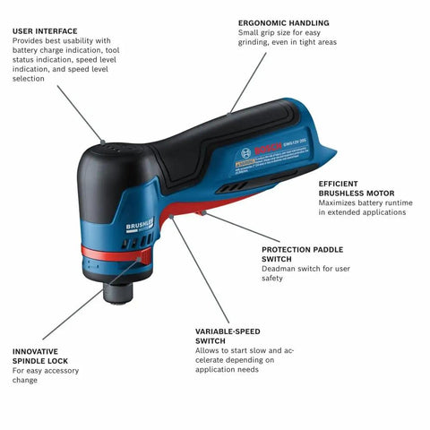 Compact 12 Volt Max Brushless Right Angle Die Grinder With Variable Speed Trigger featuring ergonomic design and safety switches.