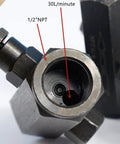 Close-up of flow control valve, 1/2 in NPT, carbon steel throttle check valve for hydraulic systems (Amazon)