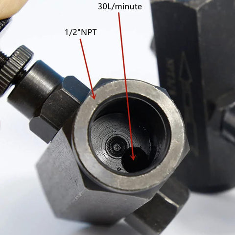 Close-up of flow control valve, 1/2 in NPT, carbon steel throttle check valve for hydraulic systems (Amazon)