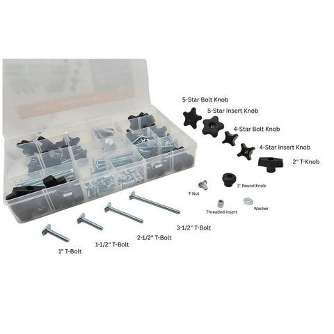 149 Piece Universal T Track and Jig Hardware Kit Featuring 1/4 Inch 20 TPI T Bolts, knob types, and clear carry case