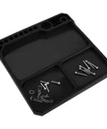 Silicone Tool Tray Organizer With Magnetic Parts Tray And Stand, Heat Resistant, holding small screws, black color, top view