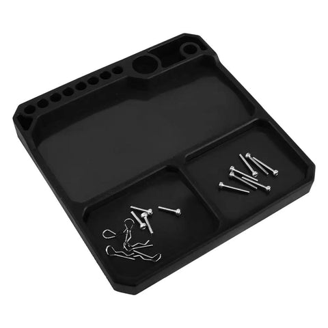 Silicone Tool Tray Organizer With Magnetic Parts Tray And Stand, Heat Resistant, holding small screws, black color, top view