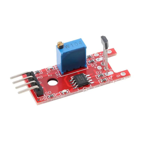 Linear Hall Effect Sensor Module With Analog Output For Magnetic Field Detection Ideal For Arduino Raspberry Pi And DIY Electronics Projects Real Time Magnetic Sensing For Precise Readouts, compact red circuit board with pins.