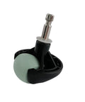 Side view of robot vacuum omni wheel assembly; green wheel on black housing with metal axle