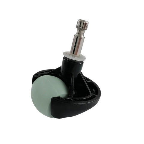 Side view of robot vacuum omni wheel assembly; green wheel on black housing with metal axle