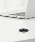 Six Piece Desk Cable Hole Cover Grommet Kit For Office Desks With Easy Threading Cord Organizer Round Cable Grommets black on white desk with laptop
