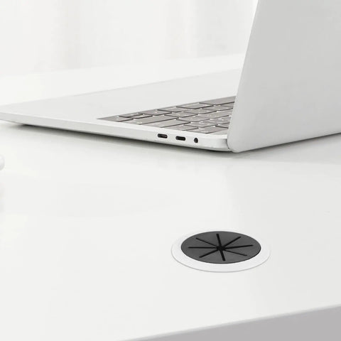 Six Piece Desk Cable Hole Cover Grommet Kit For Office Desks With Easy Threading Cord Organizer Round Cable Grommets black on white desk with laptop