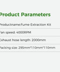 Fume Extraction Kit For 3D Printer Enclosures With 70mm Hose And 4000 RPM High Efficiency Ventilation Fan product parameters chart
