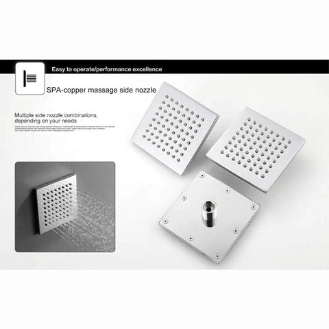 Heavy Duty Square Canopy Shower System With Concealed Valve Rock Solid Copper Body Lead Free Four Function Rain Setup Slick Silver Trim showing SPA copper massage side nozzles.