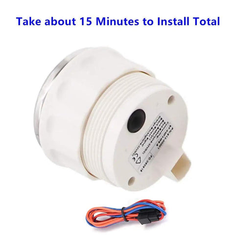Back view of Water Level Gauge For Boats RVs And Trucks Easy Install Tank Sensor With Calibrate Button, white casing, 15-minute install note.
