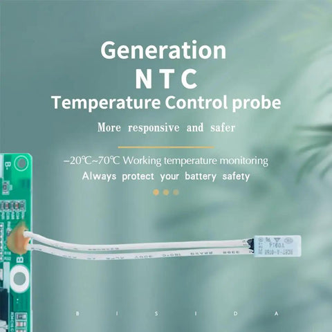 Heavy Duty 14S Bms For Lithium Ion Battery Packs With Balance Wire And Ntc Temp Probe showing NTC temperature control probe for battery safety.
